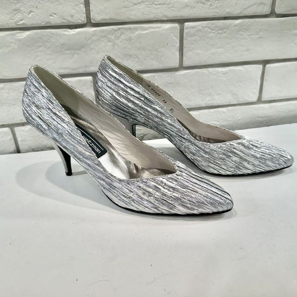 Stuart Weitzman "Fortuny” Pewter Lame High‎ Heel Pumps Shoes Womens 8.5 AA - Picture 5 of 16